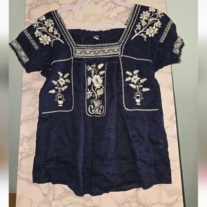 Navy Blue Embroidered Women's Top